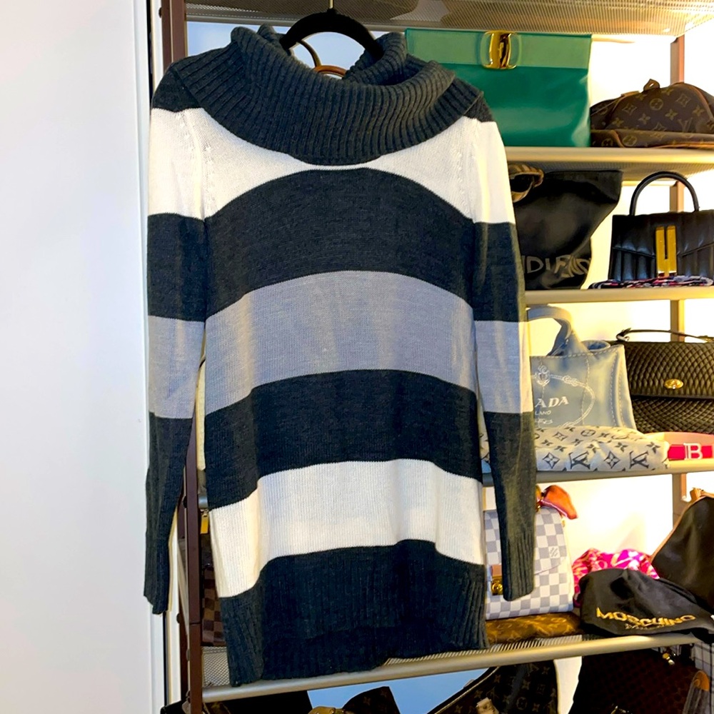 Soft Gray and Cream Long Cowl Neck Knit Sweater